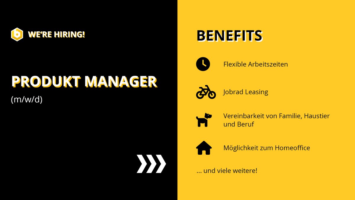 🔍Wir suchen:
Produkt Manager (m/w/d)

✅Wir bieten: Jobrad Leasing, Vereinbarkeit von Familie, Tier &amp; Beruf, Kaffee-Flat uvm.

Kommen Sie ins Team &amp; werden Sie ein beconie! Wir freuen uns auf Ihre Bewerbung! 💛

Infos unter:
becon.de/jobs/#job-1388…