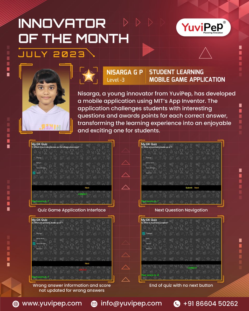 yuvipep's tweet photo. Nisarga, one of YuviPep’s young genius, has developed an innovative and user-friendly solution that revolutionises the learning experience for students. Enrol Now: https://t.co/WRisRbSh3r #YuviPep #Innovators #innoavtion #poweringinnovation #innovatporofthemonth #joinyuvipep https://t.co/MLg2atkimH