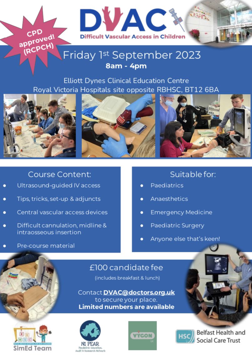 🗓️ The ‘Difficult Vascular Access in Children’ (DVAC) course is BACK at the start of September. As always, this is a fantastic opportunity for NI trainee working with children to master this important skillset. **Limited spaces available, so sign up ASAP**