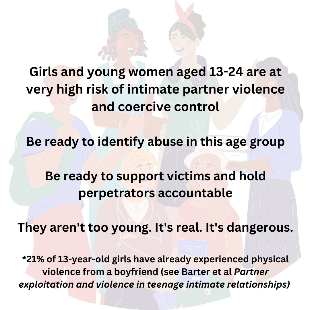 13-24 is very high risk age for experiencing violence and abuse in a romantic relationship.

Research has found that 21% of 13 year old girls have already experienced physical violence from a boyfriend 😟

Domestic violence and abuse happens in young people's relationships too.