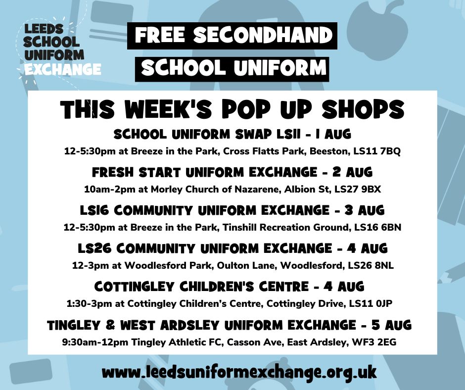 Here's a list of all the school uniform pop up shops happening this week where you can get free, secondhand uniform. Feel free to take your unwanted uniform along to the events as I'm sure the exchanges will gladly take it off you hands. #leedsschooluniformexchange