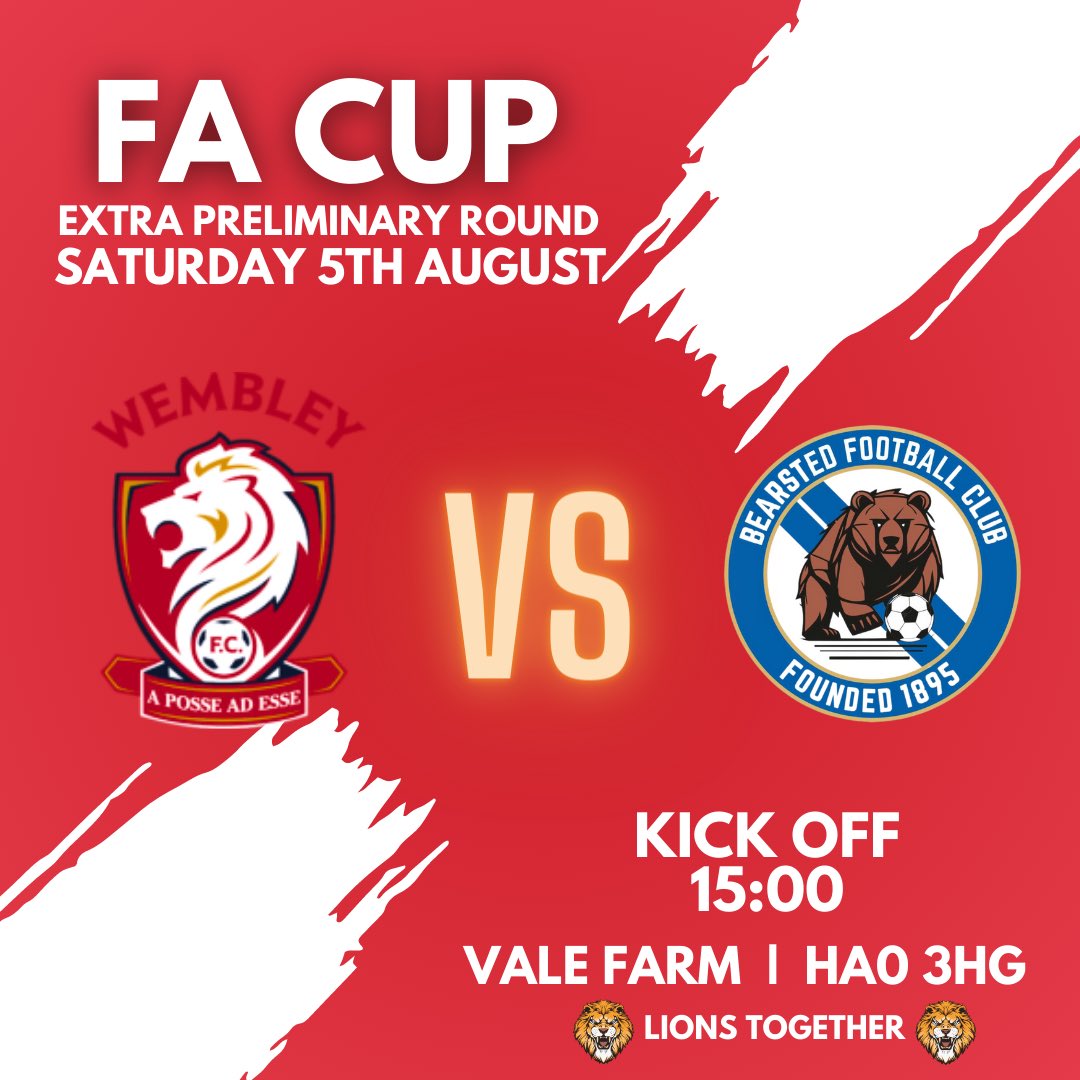 The FA Cup begins this Saturday at Vale Farm. 

Begin your journey from Wembley to Wembley, as the lions take on Bearsted FC.

🦁 | #LionsTogether
