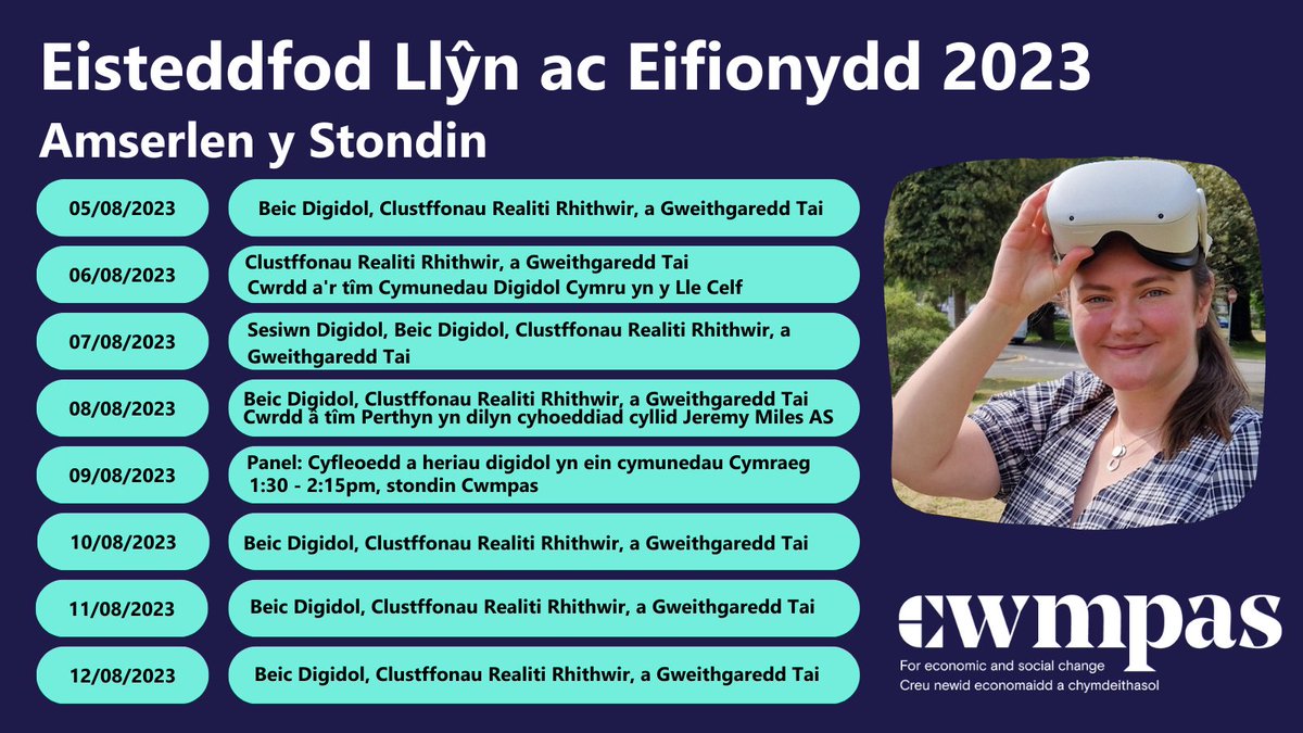 Mae gennym ni raglen anhygoel o weithgareddau ar faes #Steddfod23 wythnos nesaf! Os rydych chi’n bwriadu ymweld ag Eisteddfod Genedlaethol Llŷn ac Eifionydd gwnewch yn siŵr eich bod yn galw draw i’n stondin i gwrdd â thimau @DC_Wales, @CCLHCymru, #Perthyn a @socialbizwales