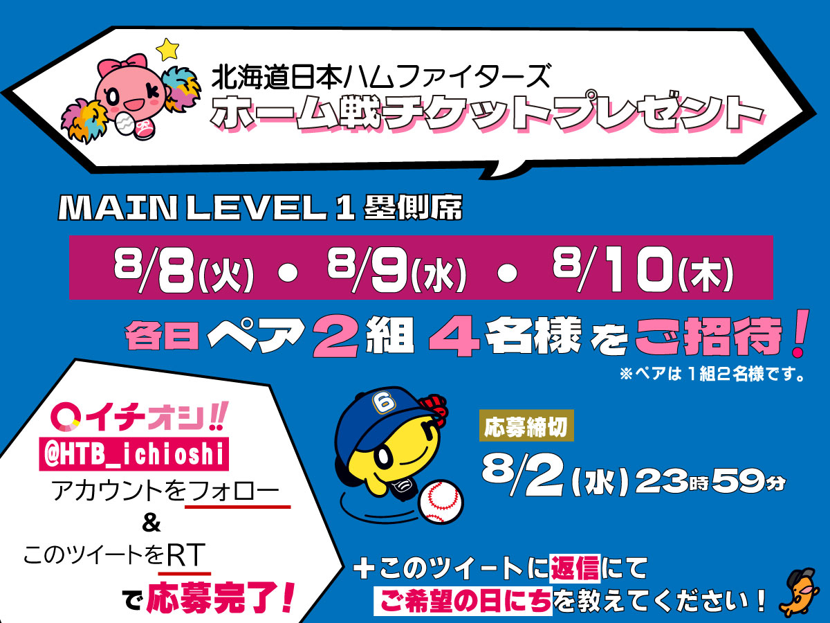htb_ichioshi's tweet photo. ⚾#北海道日本ハムファイターズ⚾
＼ホーム戦チケットプレゼント 🎁／

🗓8/8(火)、8/9(水)、8/10(木)
【MAIN LEVEL 1塁側席】を
各日・ペア(2名)チケットを2⃣組様に！

1⃣@HTB_ichioshi をフォロー
2⃣このツイートをRT
3⃣希望日を選んでこのツイートに返信

締切：8/2(水)23時59分まで⏰ https://t.co/7Ayu73Hc10