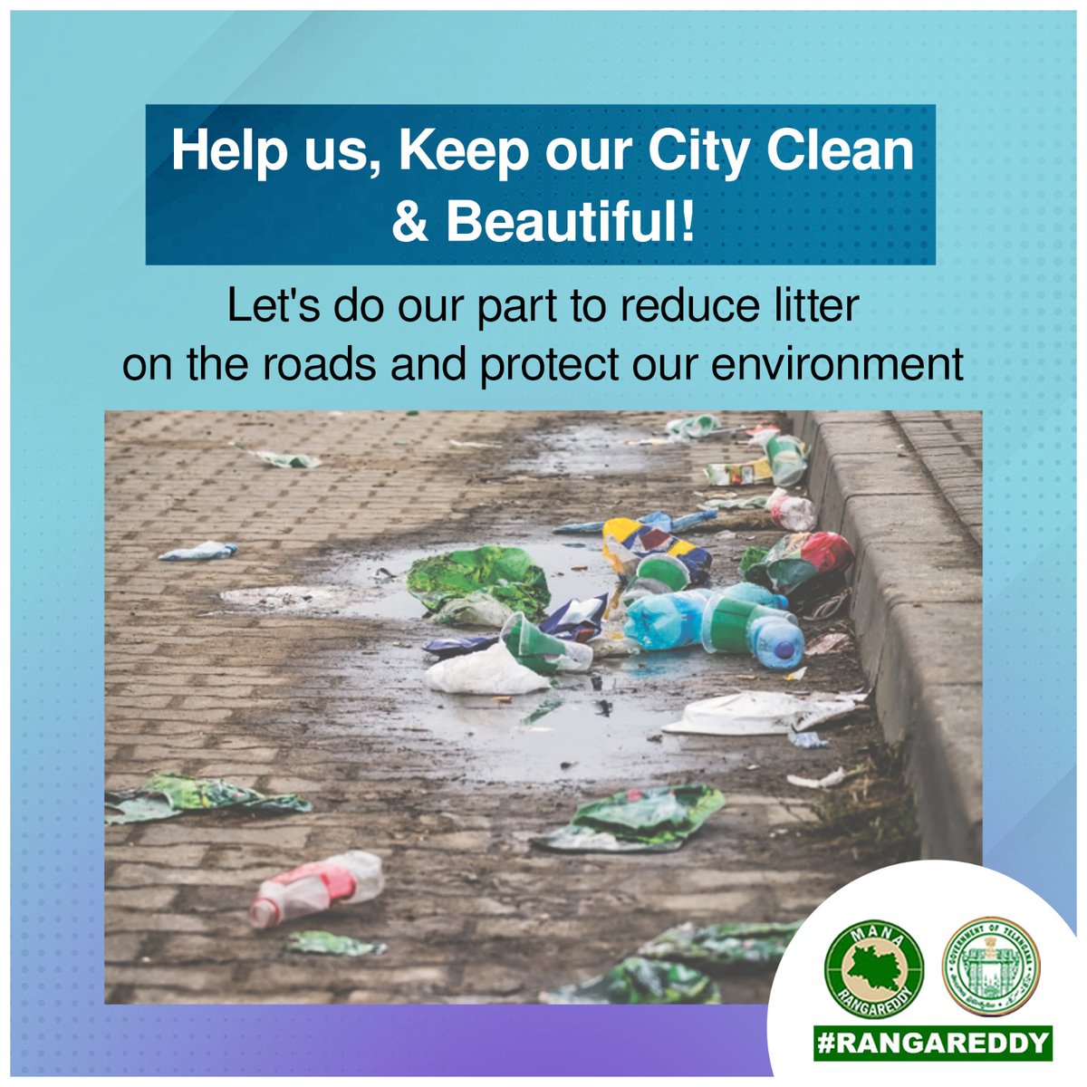 CollectorRRD's tweet photo. Help us, Keep our City Clean &amp; Beautiful!
Let's do our part to reduce litter on the roads and protect our environment.

#SayNoToGarbageOnRoads #KeepCityClean #RangaReddy @KTRBRS @arvindkumar_ias @cdmatelangana @pratimasingh311 #IndVsGarbage https://t.co/aUFjXOTUfe