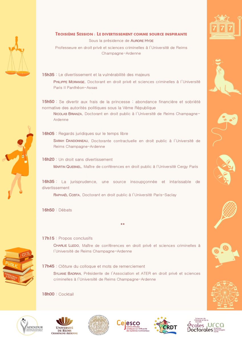 L'Adendur est ravie de vous présenter le programme de son 3e colloque sur le thème Divertissement et droit !  📍Reims 📷 Vendredi 22 septembre 2023📷
Inscriptions :
-sur le site adendur.com
-ou directement sur eventbrite.fr/e/billets-coll…
Nous vous attendons nombreux !