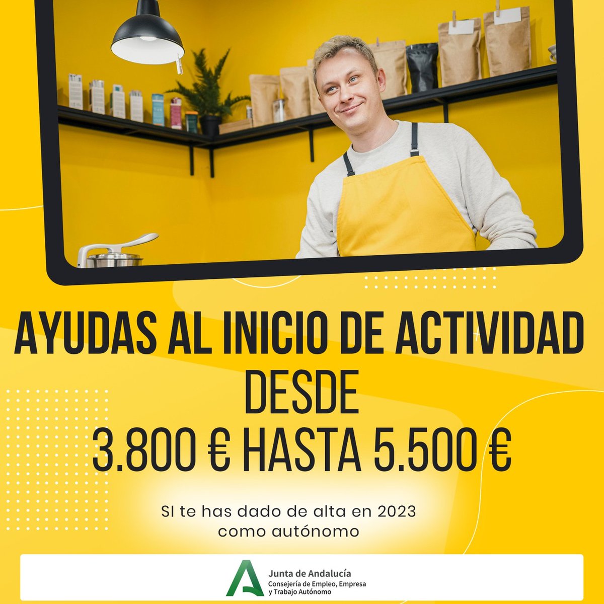 📢 ¿Te has dado de alta como #autónomo este año?

✨Ya tienes a tu disposición ayudas de hasta 5.500€ para iniciar tu actividad en Andalucía.
🪙 66,8 millones de € para 16.600 nuevos autónomos.
💻 Ayudas automatizadas, único pago del 100% concedido.

ℹlajunta.es/4ax4o