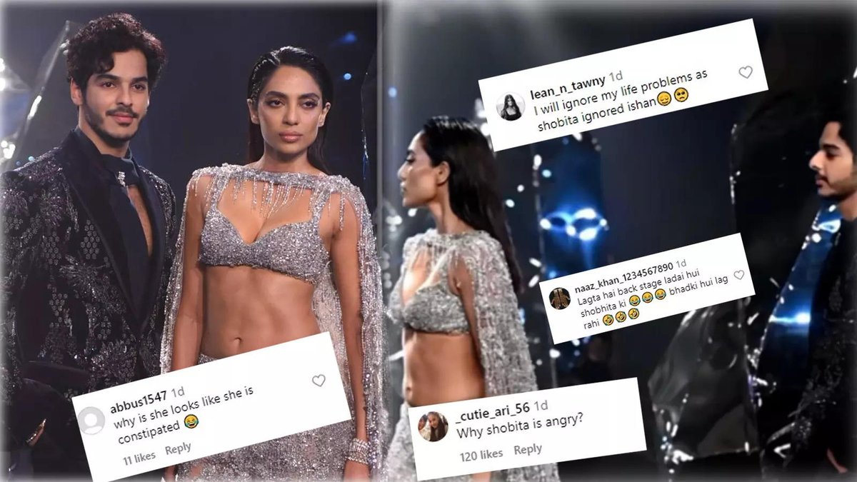 WorldIQApp's tweet photo. Did Sobhita Dhulipala 'IGNORE' Ishaan Khattar on the ramp? Netizens react to their awkward moment: why is she looks like she is constipated; #worldiq #StayInformed #StayInspired #StayAhead #PulseofNow https://t.co/DsUO3JoeC8 https://t.co/NzZ6WyqjPJ