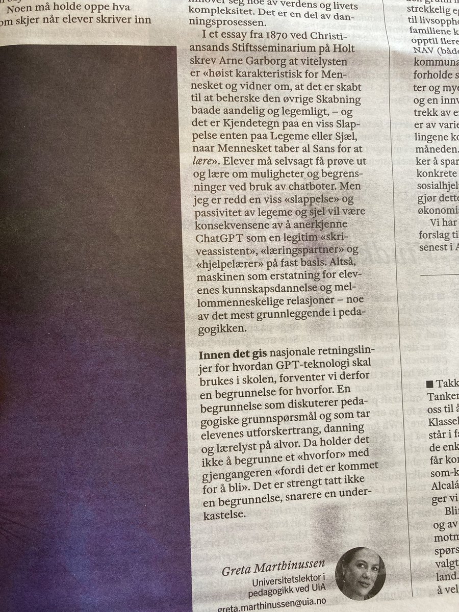 sivsov's tweet photo. «Innen det gis nasjonale retningslinjer for hvordan GPT-teknologi skal brukes i skolen, forventer vi derfor en begrunnelse på hvorfor […]. Da holder det ikke å begrunne et «hvorfor» med gjengangeren «det er kommet for å bli». Det er strengt tatt ikke en begrunnelse, snarere en https://t.co/H4TjCcVIQs