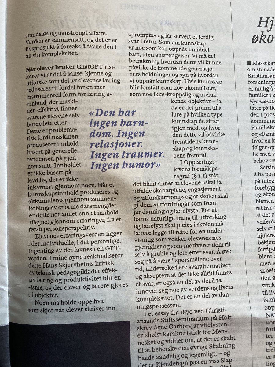 sivsov's tweet photo. «Innen det gis nasjonale retningslinjer for hvordan GPT-teknologi skal brukes i skolen, forventer vi derfor en begrunnelse på hvorfor […]. Da holder det ikke å begrunne et «hvorfor» med gjengangeren «det er kommet for å bli». Det er strengt tatt ikke en begrunnelse, snarere en https://t.co/H4TjCcVIQs