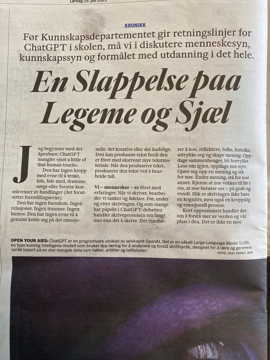sivsov's tweet photo. «Innen det gis nasjonale retningslinjer for hvordan GPT-teknologi skal brukes i skolen, forventer vi derfor en begrunnelse på hvorfor […]. Da holder det ikke å begrunne et «hvorfor» med gjengangeren «det er kommet for å bli». Det er strengt tatt ikke en begrunnelse, snarere en https://t.co/H4TjCcVIQs