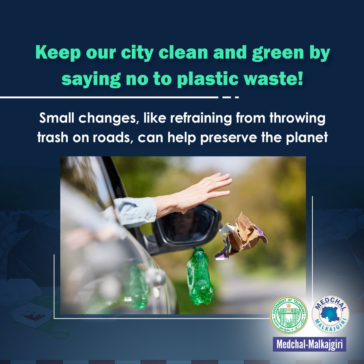 Keep our city clean and green by saying no to plastic waste! Small changes, like refraining from throwing trash on roads, can help preserve the planet #SayNoToPlastic #SayNoToGarbageOnRoads #KeepcityClean @KTRBRS @arvindkumar_ias #MedchalMalkajgiri @AmoyKumarIAS @Prateek_JainIAS