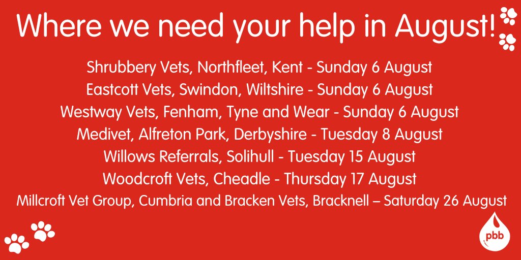 We are appealing for owners to help us at the following sessions in August🐶🩸
If your dog is a donor in one of these areas and you are available to come along to the session, please book in using our mobile app, or give us a call on 01509 232 222.