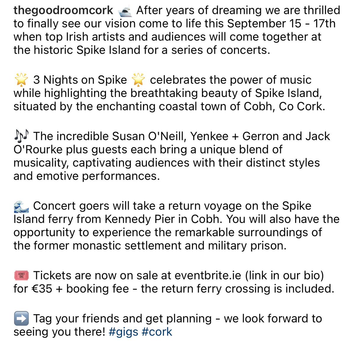 Join us on Spike Island for 3 special shows this September: 🌟 Susan O'Neill & Míde Houlihan 🌟 Yenkee & Gerron 🌟 Jack O'Rourke & Rita Lynn Get tickets ➡️ eventbrite.ie/o/the-good-roo… Presented by The Good Room with support from Cork County Council, Fáilte Ireland and Pure Cork.