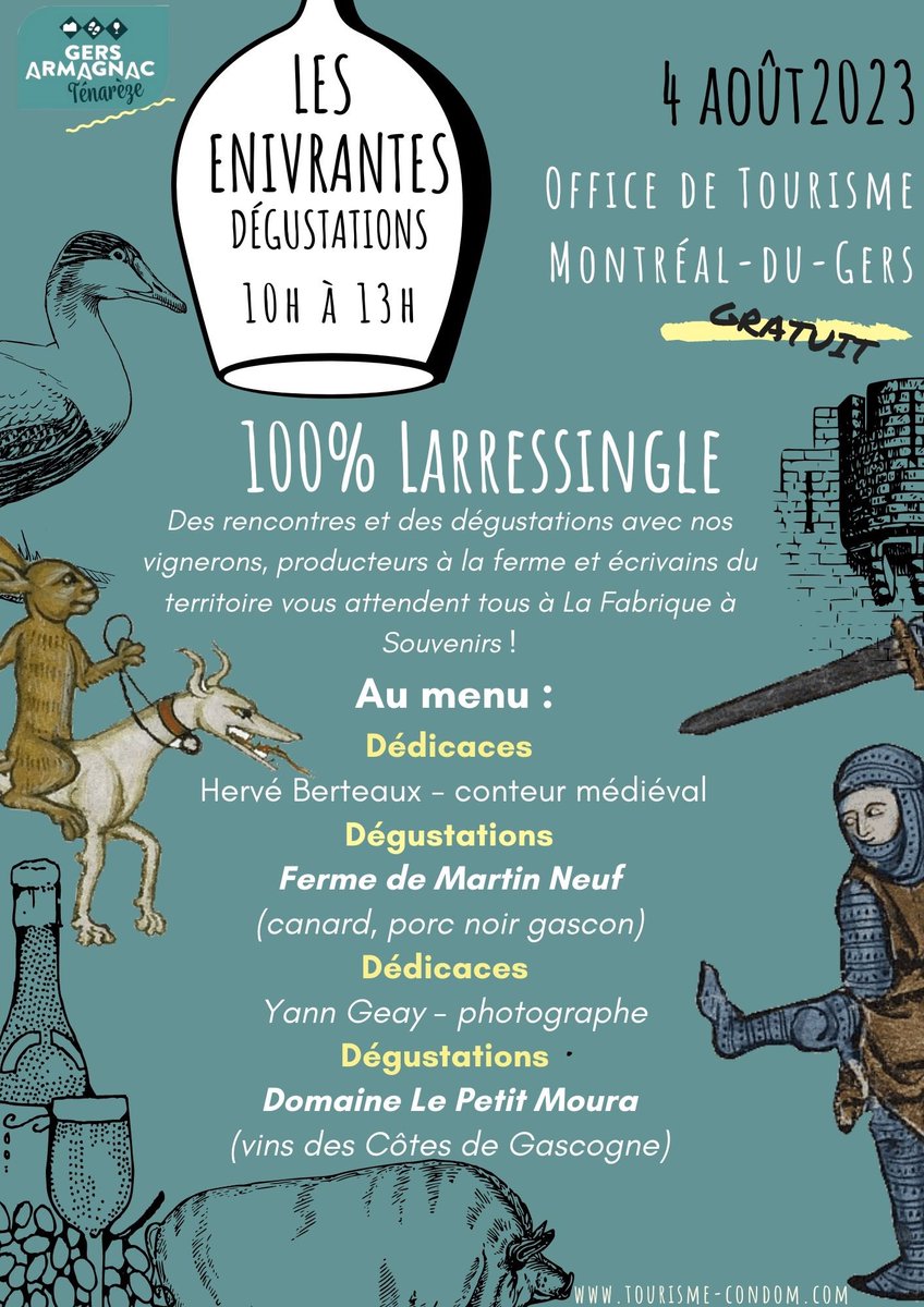 tourismecondom's tweet photo. 🍷 🦆 🐷 Ce vendredi rendez-vous de 10h à 13h à La Fabrique à Souvenirs pour les enivrantes dégustations avec des personnalités du village médiéval de #Larressingle !
#tourismecondom #exploremongers https://t.co/rMB9bYpT4Y