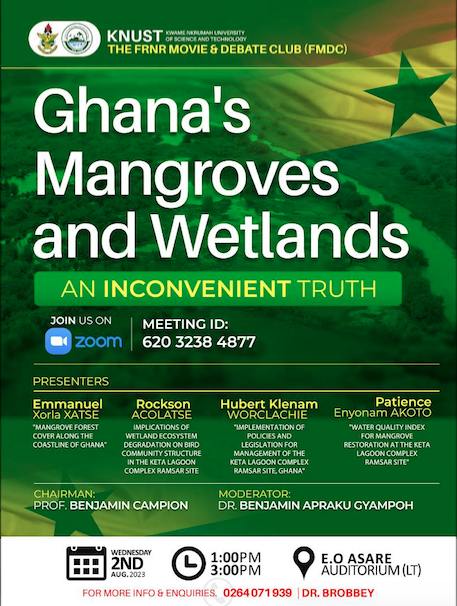 BenjiGyampoh's tweet photo. Join us this Wednesday 02 August from 1pm to 3pm at the FRNR Lecture Theatre (E. O. Asare Auditorium). Let us educate ourselves on mangroves in Ghana. https://t.co/RJg05U2OzG