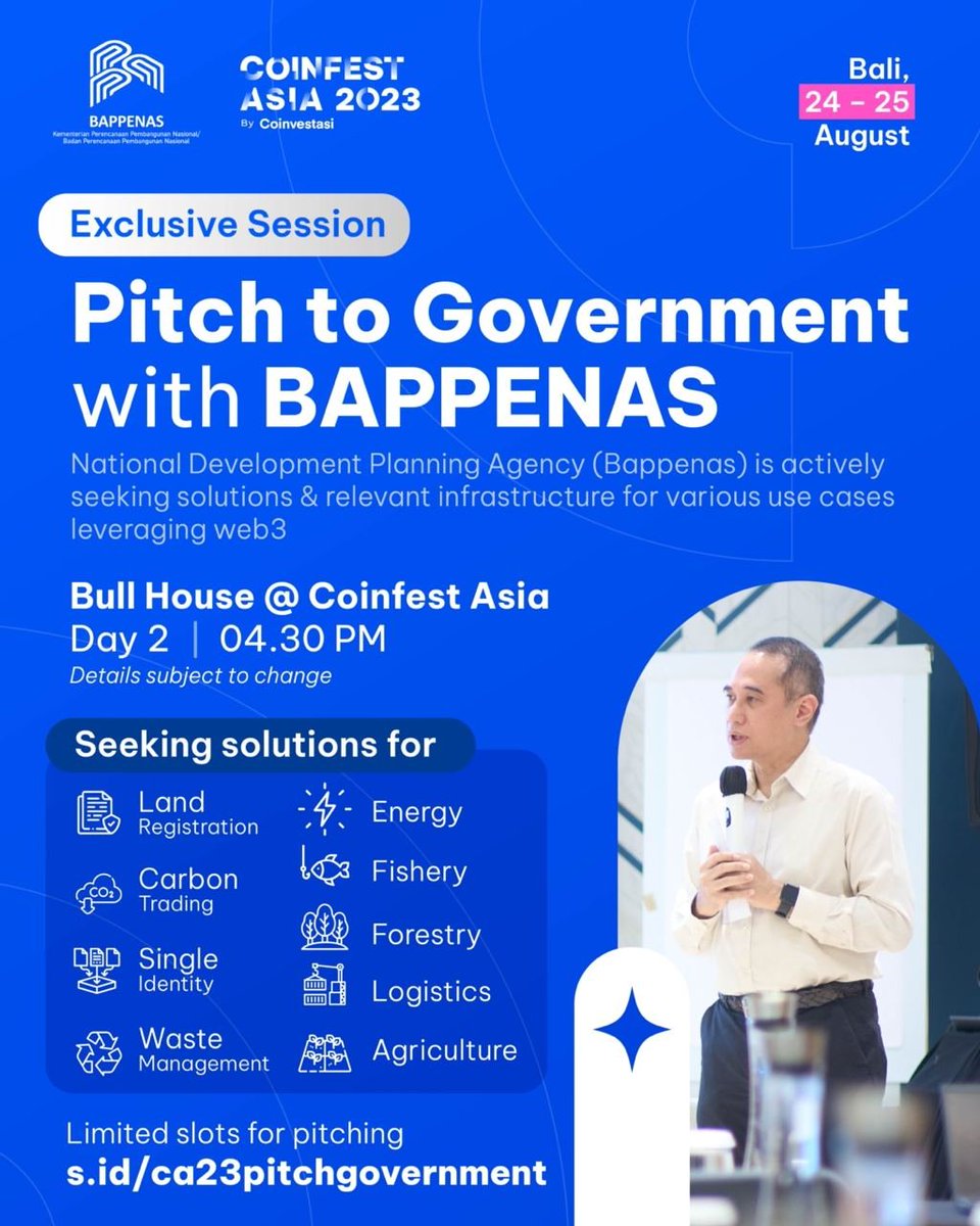Harmony_IDN's tweet image. Pitch Your Solutions To Indonesian Government — an Exclusive Session
Limited slots for pitching, apply now!
s.id/ca23pitchgover…
Save the date & place
📌 Day 2 - 25 August, 2023
📍 Bull House at Coinfest Asia, s.id/ca23location (s.id/ca23location)