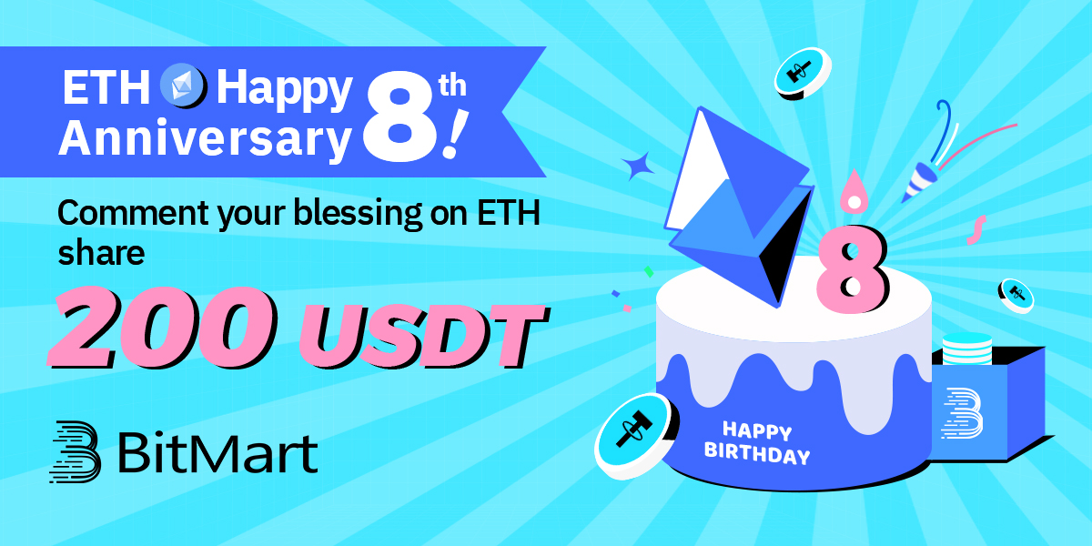 BitMartResearch's tweet photo. 🎉Happy 8th Anniversary to $EHT! 

✍️Comment your blessing on $ETH, and share 200 USDT!

🔹Follow @BitMartResearch @BitMartExchange
🔹RT &amp; Tag 3 frds
🔹Join https://t.co/2Ct0IlNidd

✨Reg: https://t.co/KaliW2cz3t

#Ethereum #ETH #Crypto https://t.co/qRBK2NjwVS