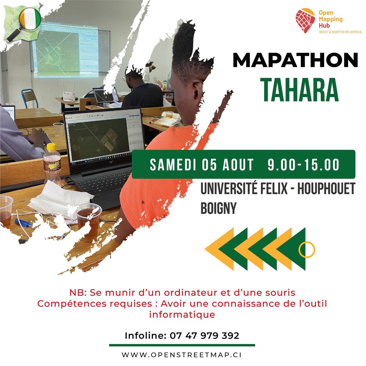 Bonjour aux passionnés de cartographie numérique OpenStreetMap ! Nous vous invitons chaleureusement à participer à notre prochain #mapathon qui aura lieu ce 𝐒𝐀𝐌𝐄𝐃𝐈 𝟎𝟓 𝐀𝐎𝐔𝐓 À 𝐏𝐀𝐑𝐓𝐈𝐑 𝐃𝐄 𝟎𝟗𝐇. #mwalaigrant #Map4CIV #wnah #OpenStreetMap