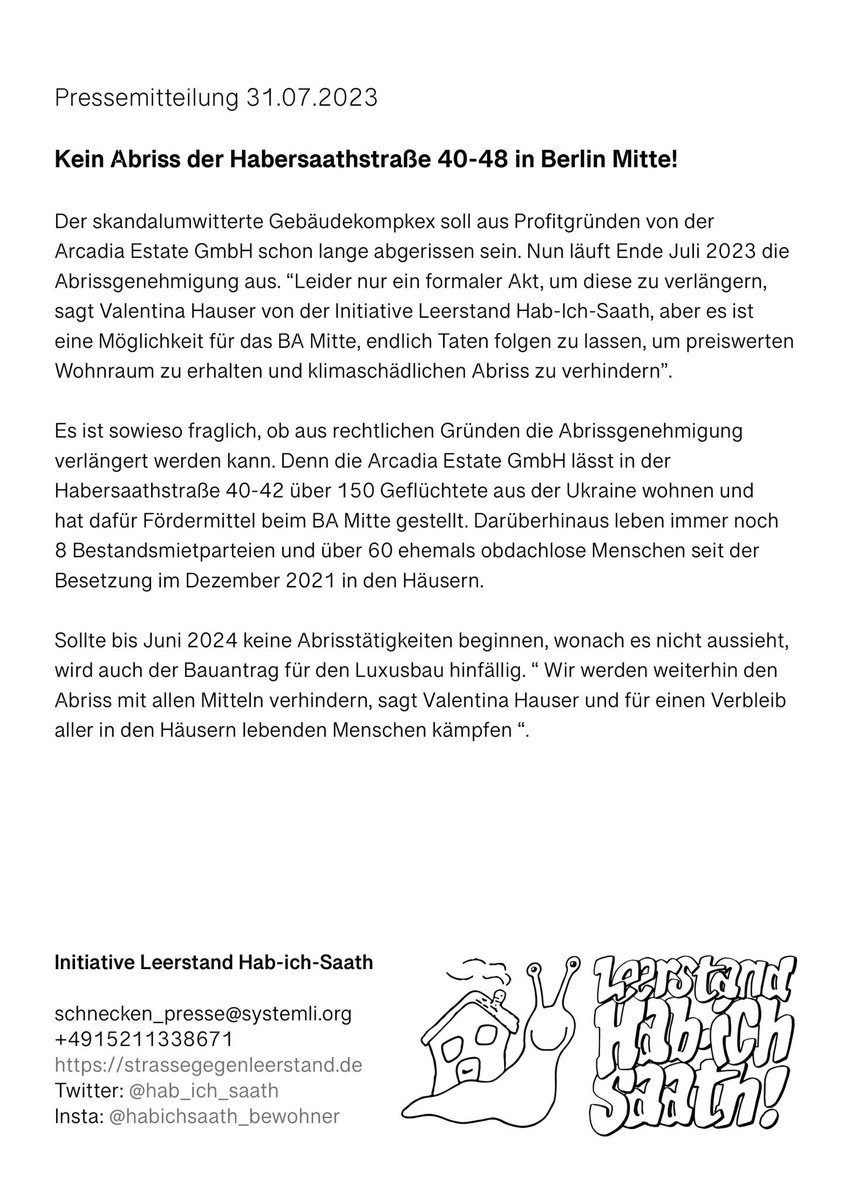 Unsere aktuelle PM: Kein Abriss der Habersaathstraße 40-48 in Berlin Mitte! 🧵1/5 Der skandalumwitterte Gebäudekomplex soll aus Profitgründen von der Arcadia Estate GmbH schon lange abgerissen sein. Nun läuft Ende Juli 2023 die Abrissgenehmigung aus.