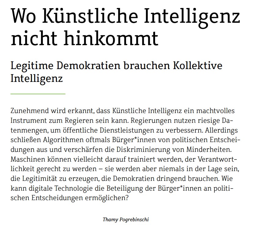 So lassen sich Demokratien stärken: 'Kollektive Intelligenz kann Künstliche Intelligenz menschlicher gestalten, und KI kann Kollektive Intelligenz effizienter machen', schreibt WZB-Forscherin Thamy Pogrebinschi in den WZB-Mitteilungen. 📰bibliothek.wzb.eu/artikel/2023/f…