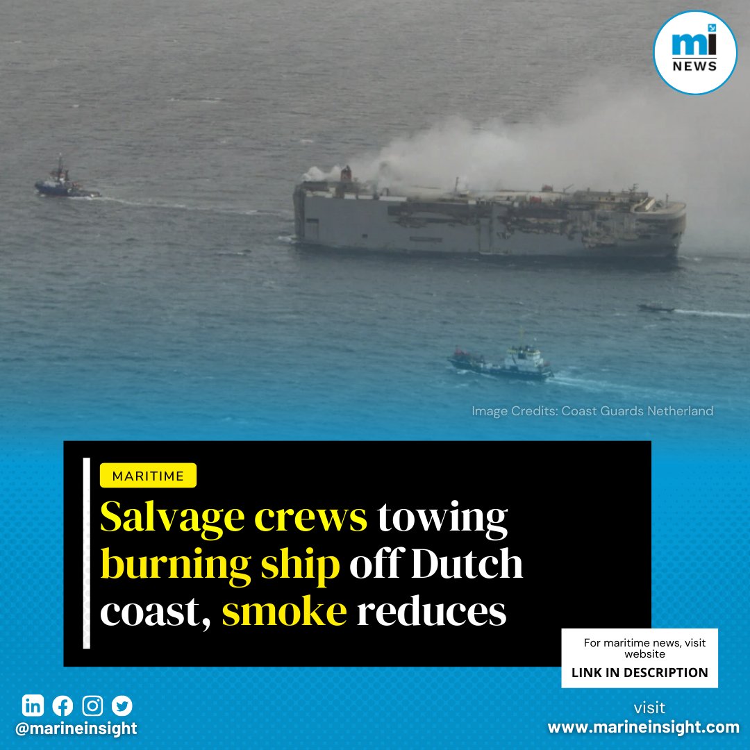 MarineInsight's tweet photo. Salvage teams tow burning cargo ships carrying new cars to Dutch coast's temporary anchorage, and smoke reduces.
For more maritime news visit - https://t.co/xGwQJVBYKi
#Salvage #DutchCoast #Shipping #Maritime #Marineinsight #Seafarer #Sailing #Seaman #Lifeatsea #Sealife https://t.co/X0czlWLVAg