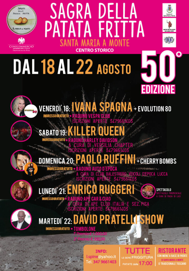 TerrediPisa's tweet photo. La Sagra della Patata Fritta di #SantaMariaaMonte quest'anno festeggia le 50 edizioni.
@IvanaSpagna_, @_PaoloRuffini ed @enricoruggeri sono alcuni dei grandi nomi che prenderanno parte all'evento, in programma dal 18 al 22 agosto: https://t.co/gyI0kn6uSz https://t.co/p4QjXu2XZu