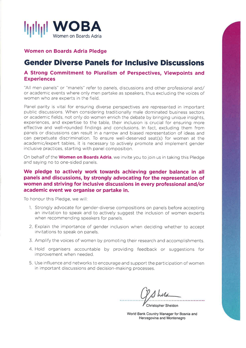 WOBAdria's tweet photo. Proud to announce Christopher Sheldon, @WorldBank Country Manager for 🇧🇦 &amp;🇲🇪has signed #WOBA pledge for Gender Diverse Panels for Inclusive Discussions. Promoting equality demands joint action to involve women in crucial decision-making. Thank you for championing positive change! https://t.co/nJ8yatowy0