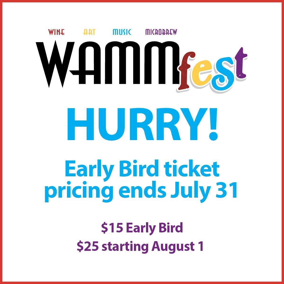 Hurry! Today is the last day for $15 Early Bird tickets. Price will increase to $25 tomorrow!

🎟️ Get your tickets now: wammfest.com/tickets

#Wine #Art #Music #Microbrew #SertomaClubOfGreenwood #FestCountryIN #Sertoma #WAMMfest23 #GivingBackToOurCommunity