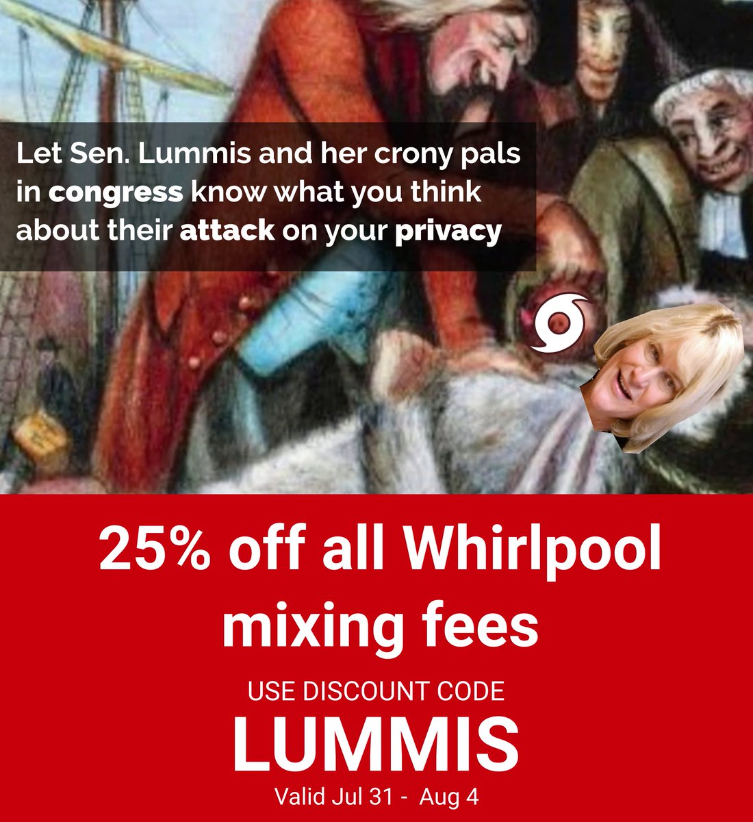 SamouraiWallet's tweet photo. We strongly rebuke @SenLummis and her bipartisan gaggle of parasites as they take aim at your fundamental freedom to transact without permission or inspection from the state

Whirlpool is non-custodial privacy tech where users join in a collective "fuck you" to snoops &amp; tyrants https://t.co/NJ2Tinh7bS