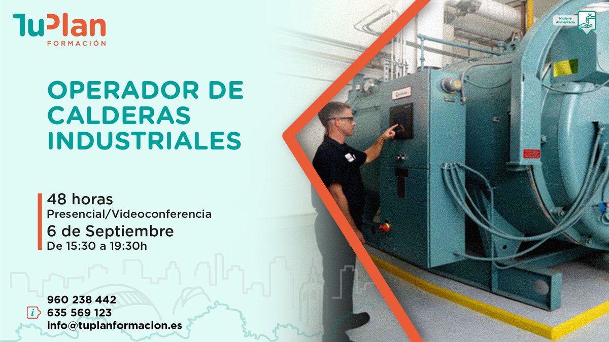 tuplanformacion's tweet photo. El 6 de Septiembre iniciamos un nuevo curso de OPERADOR DE CALDERAS INDUSTRIALES.
Tendrá una duración de 48 horas repartidas en clases presenciales y por viodeoconferencia.
Tienes toda la información e inscripciones en:
https://t.co/EPMoNHW39r
#cursos #operadordecalderas https://t.co/YI0EQhppnV