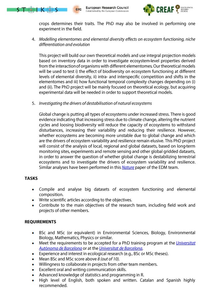 Burriach's tweet photo. ++ JOB ALERT ++ 
PhD student positions to join the
@ERC_Research #StG @STOIKOS_ERC at @CREAF_ecologia in #Barcelona: 5 different lines of research to join us!  https://t.co/Ragbv0WSbc
Apply until 30-September (extended). Please RT! https://t.co/2WIhCW5Niw