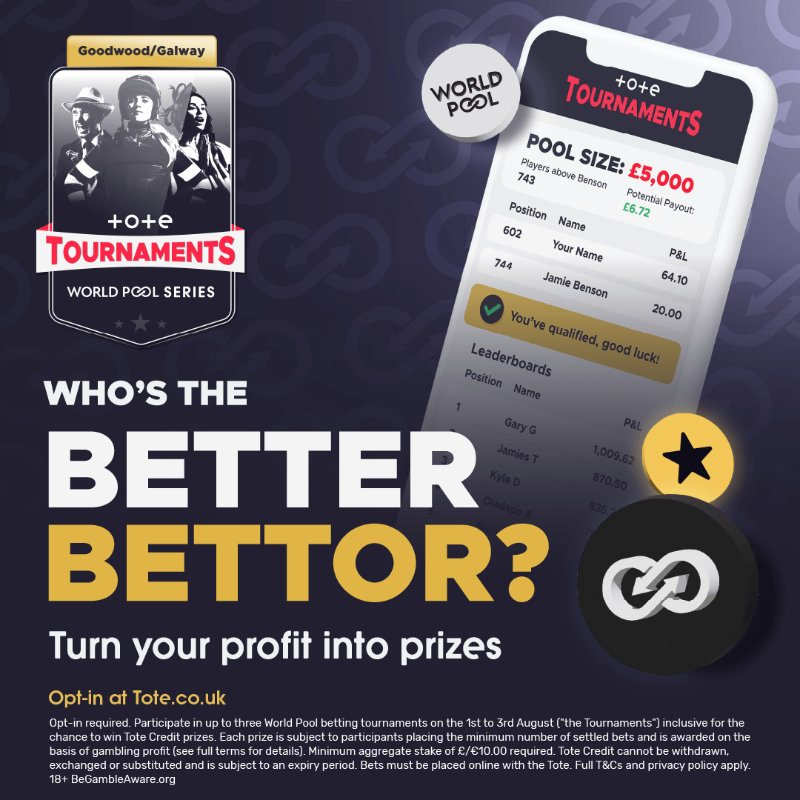 ToteRacing's tweet photo. 🏴󠁧󠁢󠁥󠁮󠁧󠁿 GOODWOOD/GALWAY BETTING TOURNAMENT 🇮🇪

Tues, Wed &amp; Thurs!

🏇 Daily pot for those in more profit than Tote's @JBenno28
🏇 Daily prizes for the 3 most profitable players
🏇 Daily top 10 qualify for the £25,000 @WorldPool  Series Final

#BeatBenson | 18+, https://t.co/WW8or8fV1F