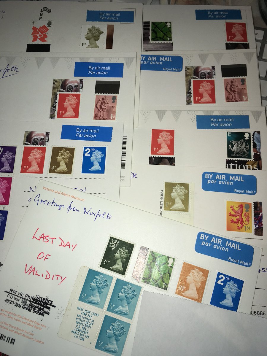 NPhilatelics's tweet photo. The Last Post 🎵🎵🎶🎶🎺
Last sendings with old-style #machin, regional, and country definitives just posted in branch to get a clear datestamp. Reportedly a lot of people asking for #swapout forms. 1x Int Tracked, 8 x airmail postcards https://t.co/5U8vPr1AUM