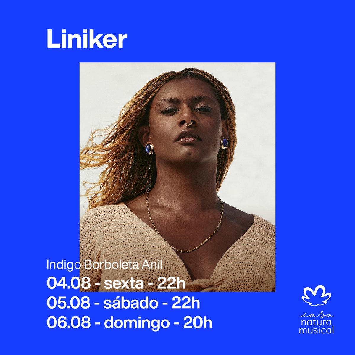 Na sexta (04), sábado (05) e domingo (06), @Liniker apresenta na Casa Natura Musical o seu primeiro álbum-solo “Indigo Borboleta Anil”. Os três dias de shows já estão ESGOTADOS e estamos contando os dias por aqui.