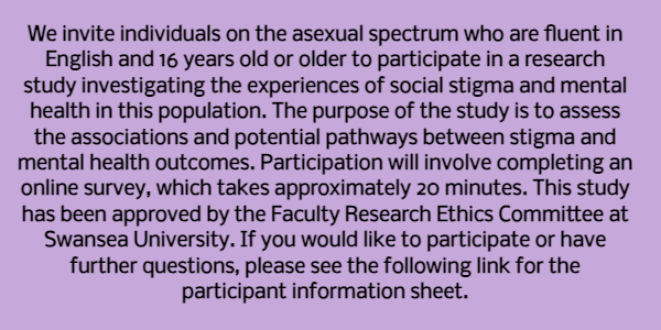 Hi everyone! We're recruiting for a study on stigma against asexual individuals and mental health outcomes. If you can share far and wide, that would be really helpful. Thanks so much! swanseachhs.eu.qualtrics.com/jfe/form/SV_43…