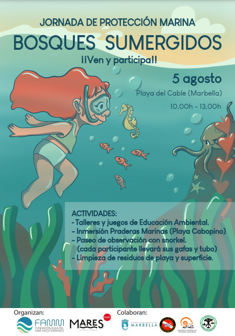 Este sábado 5 de agosto en Marbella, te esperamos para la II Jornada de Protección Marina "Bosques Sumergidos". Inmersión en la Pradera de Posidonia en Cabopino y Talleres de Educación Ambiental . ¡Ven, conoce y protege el mar!  #ProtecciónMarina #BosquesSumergidos #Marbella