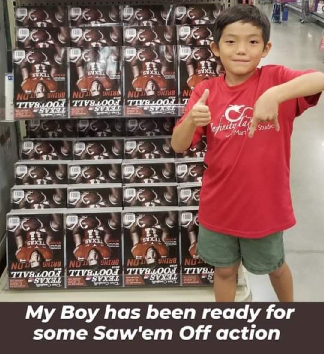 cheftai's tweet photo. I still laugh about this.  My son was so upset about t.u. player making the cover. He took several minutes to flip all that......maybe he listesn to @TexAgs radio too much with me. 😆 
Or he just loves @AggieFootball .

#gigem https://t.co/qJP2JmcJlb