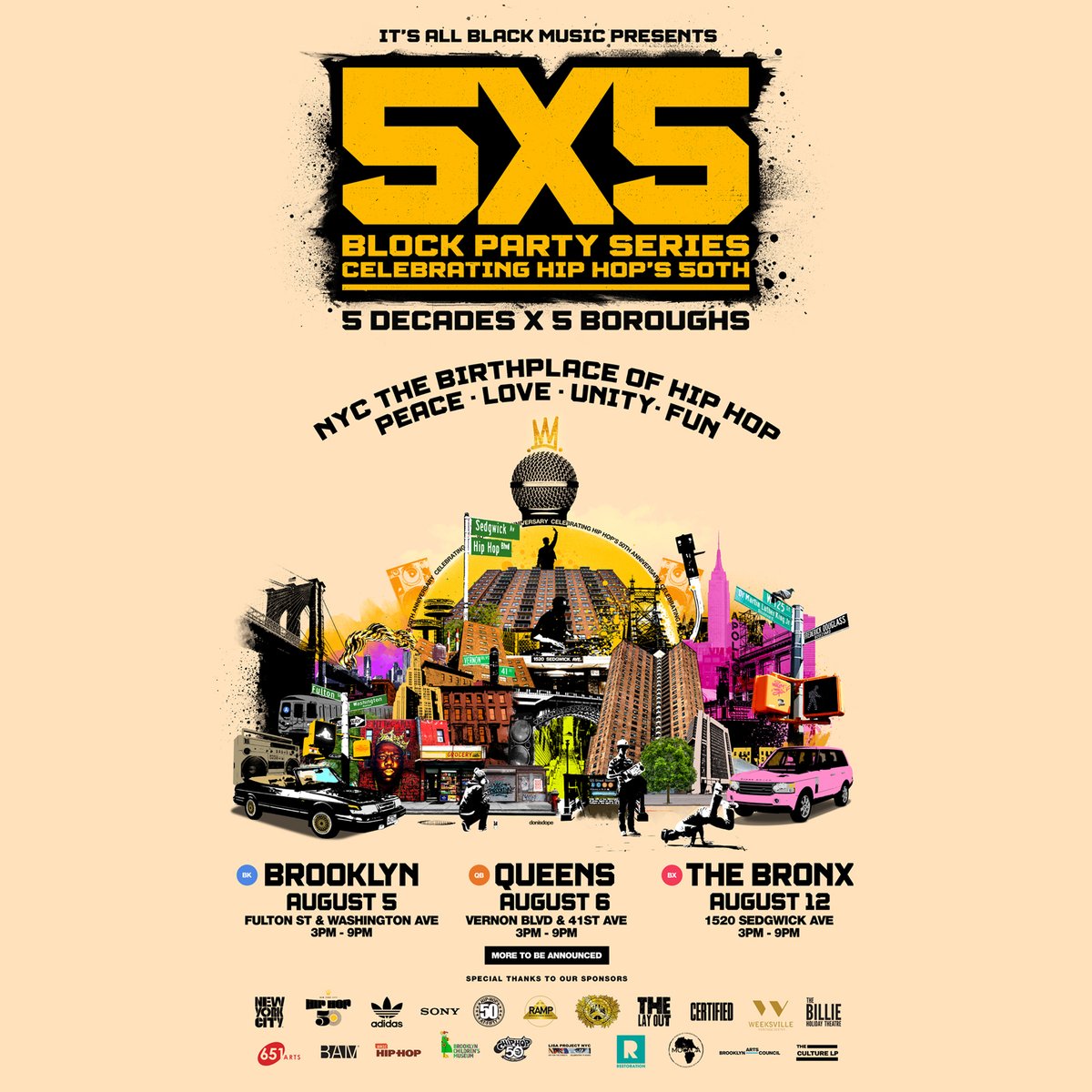 Excited to be community partners of #5X5BLOCKPARTYSERIES celebrating #HIPHOP’s 50th across all 5 boroughs, feat. Hip Hop royalty like @IAmKRSOne, DJs, art installations, markets curated by @thelayoutco , interactive experiences, + more! Learn more: 5x5blockparty.com