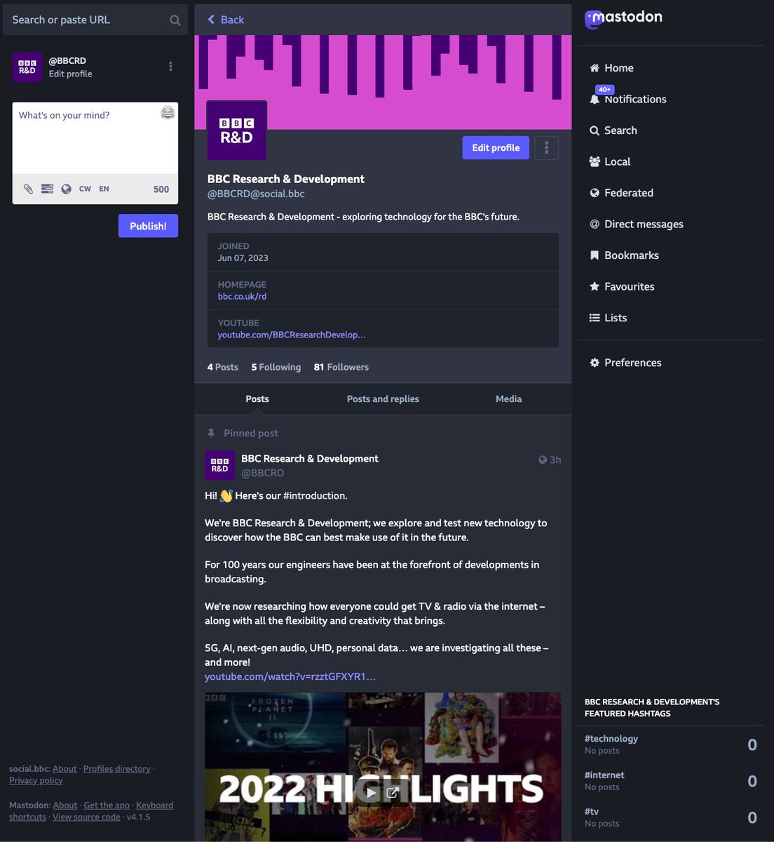 As social media develops and evolves we're experimenting with a BBC Mastodon server to try decentralised and distributed social technologies.

You can now follow BBC R&amp;D, Radio 4 and 5 Live at social.bbc

More on this and the Fediverse here: bbc.co.uk/rd/blog/2023-0…