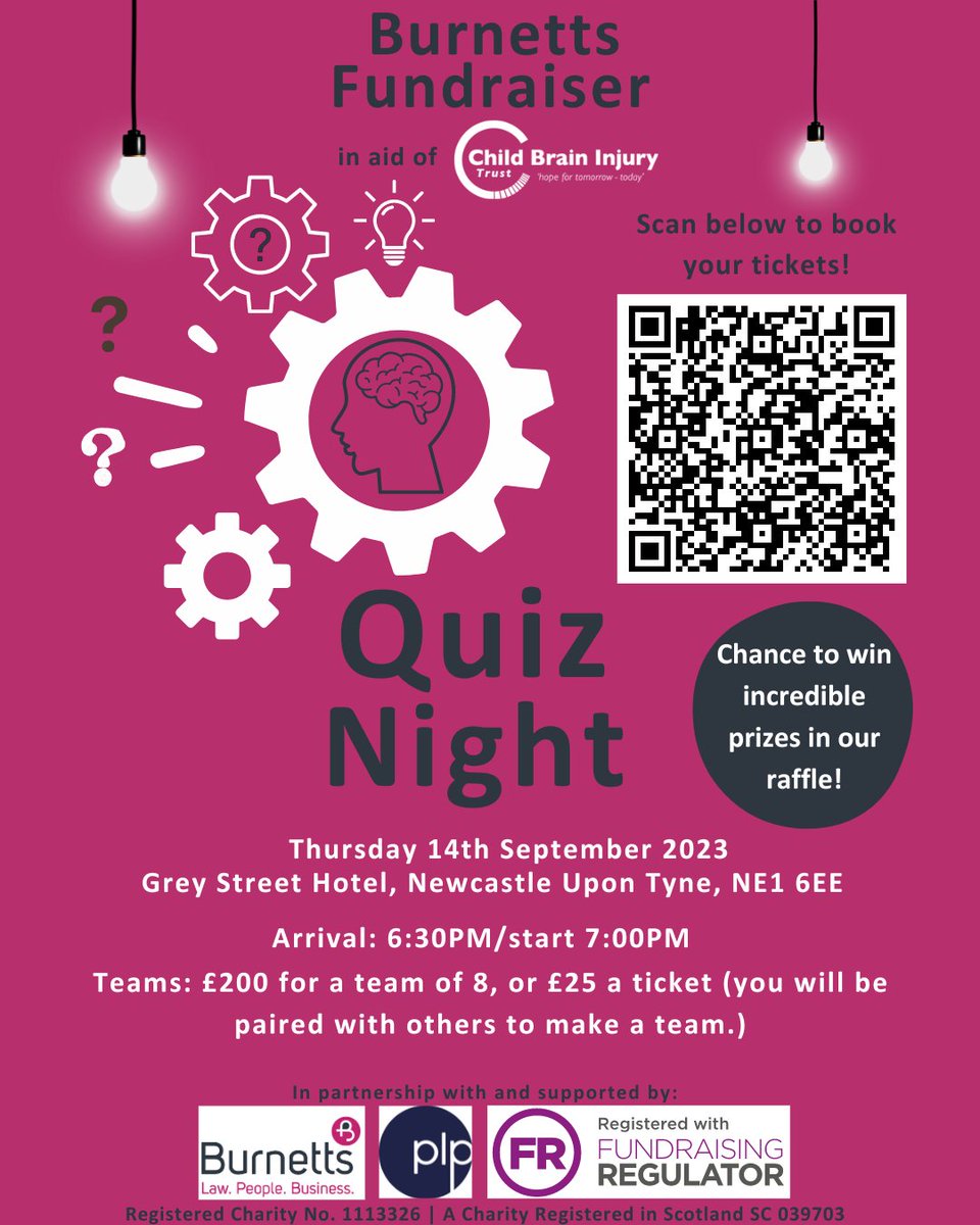 Join the wonderful <a href="/BurnettsMnsi/">BurnettsMNSI</a>
as they put on a quiz night in Newcastle raising money for the Child Brain Injury Trust Thursday 14 September!   
Sponsored by the amazing <a href="/ParklanePlowden/">Parklane Plowden</a> 

You don't want to miss this...eventbrite.co.uk/e/child-brain-…