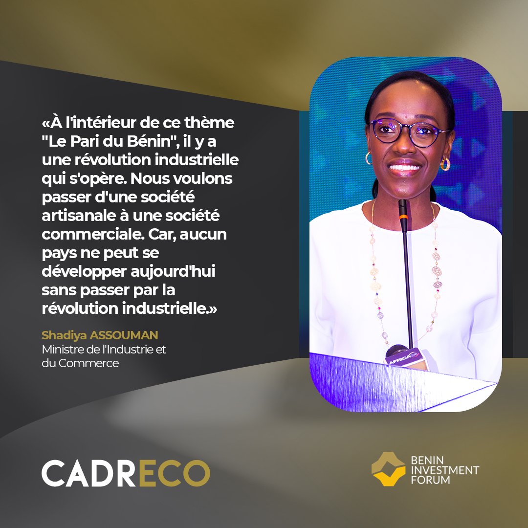 Extrait des propos de Mme <a href="/ShadiyaAssouman/">Alimatou Shadiya ASSOUMAN</a>, Ministre de l'Industrie et du Commerce lors de la 6ème édition du <a href="/BeninInvestment/">Benin Investment Forum</a> Forum 2023.  

#BIF2023 #Cadreco #Benin #wasexo #Investment #economie #commerce