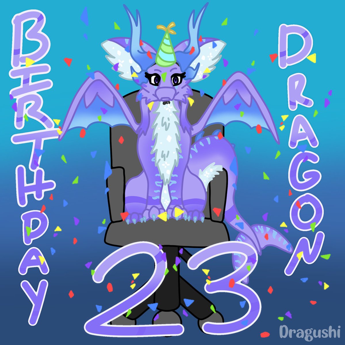 Its the birthday girl! She is very awkward on her birthday because of all the attention she receives.🎈🎉 
#dragushi #furryartist #artistsontwitter #dragon #dragonart #furry
