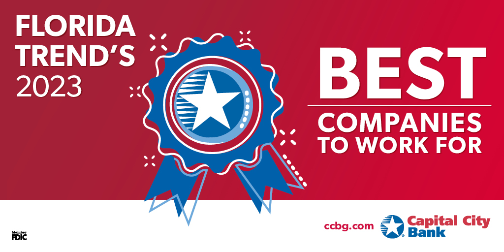 CapitalCityBank's tweet image. Capital City Bank is honored to be named one of @FloridaTrend magazine’s “Best Companies to Work For in Florida” for the twelfth year in a row! Of the 100 companies recognized, Capital City ranked #24 in the “Large Companies” category. See the full list 👉FloridaTrend.com/BestCompanies