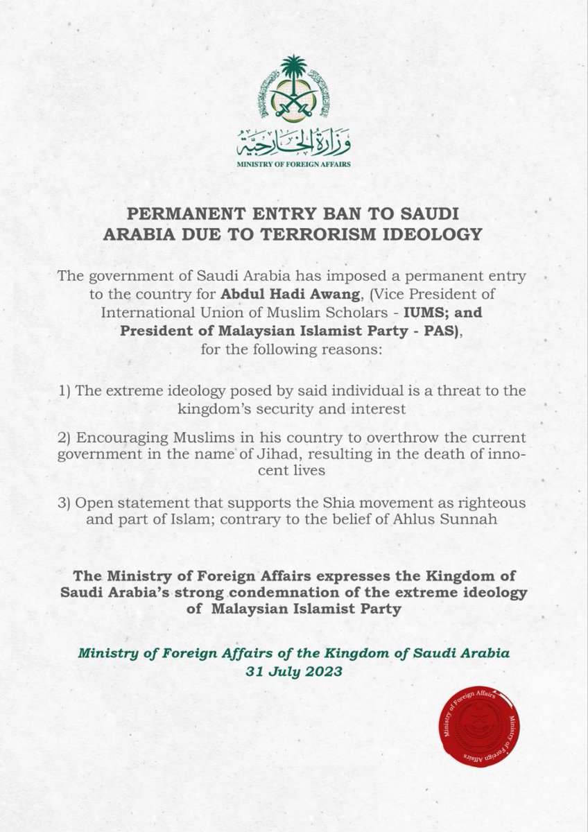 apanakdikato's tweet photo. Padan muka presiden kebanggaan walaun di haramkan masuk ke arab saudi sb ekstrimis.

Smp raja saudi pun takut akan keselamatan sendiri.. Dkt msia bila nk buat?

Dia layak masuk sudan dan masjid syiah di iran je.. https://t.co/EBcIDc1jPv