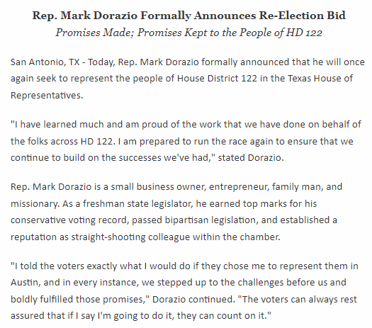 bradj_TX's tweet photo. Freshman rep @DorazioforTexas announces he will seek re-election next year in #HD122. Dorazio succeeded @RepLyleLarson, who did not seek re-election in 2022. #txlege https://t.co/EiHGLTzj2l