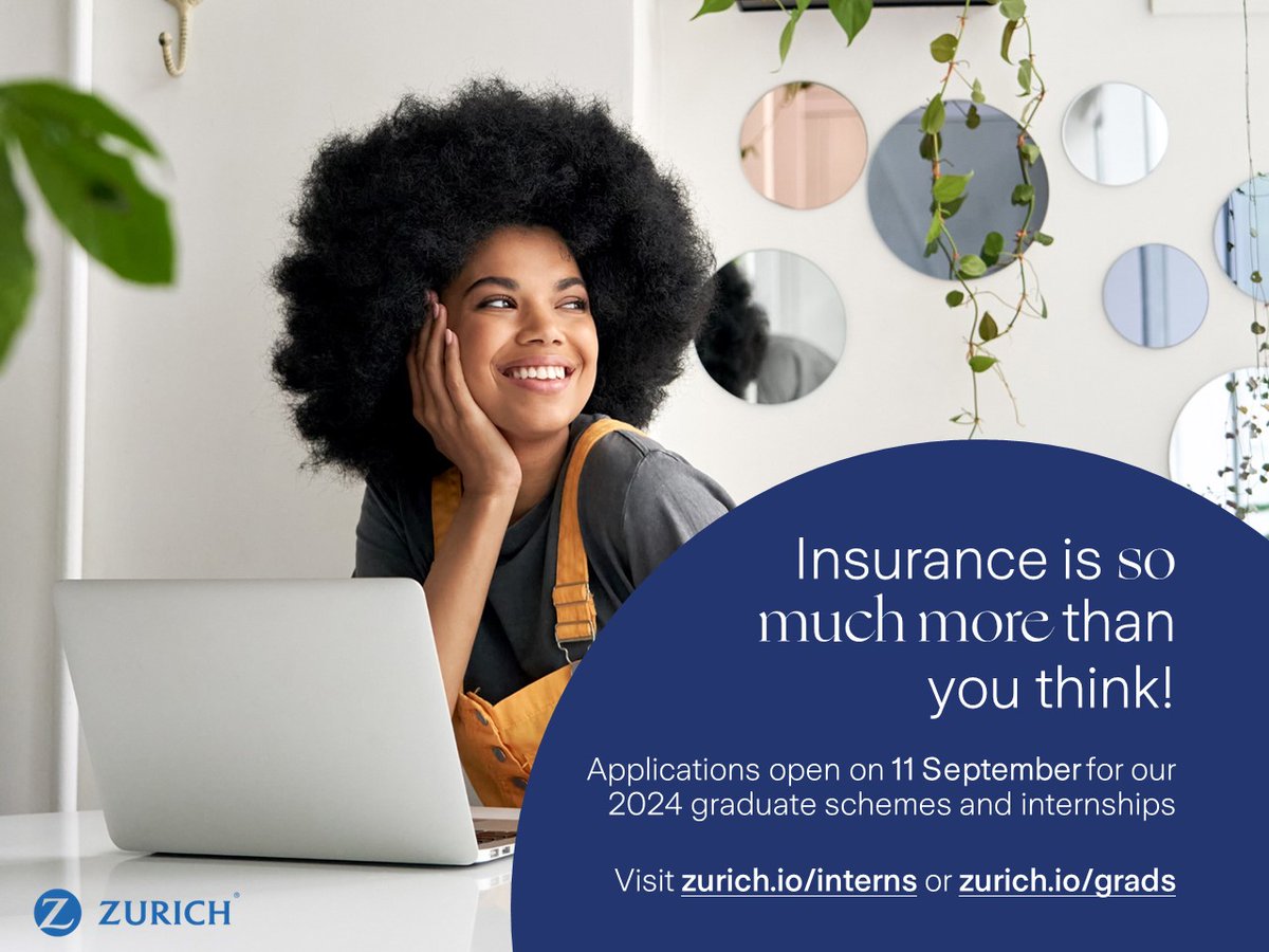 ZurichInsUK's tweet photo. Thinking about your first step into insurance? Set your calendar for 11th September when applications open for our graduate and internship schemes.

Set your reminder and apply here from 11th September: https://t.co/tkMUsXRYMz or https://t.co/PXfXBiHpKR #gradscheme #internships https://t.co/Vm7lugumXO
