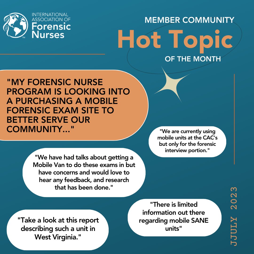 ForensicNurses's tweet photo. What was the hot topic in the members' open community this month? Mobile Forensic Exam Unit!

Not an IAFN Member? Join us today through the link below and join the conversation with other Forensic Nurses in our member community!
https://t.co/1H17x2lGlp

#IAFN #ForensicNurses https://t.co/dAF9XOsrsl