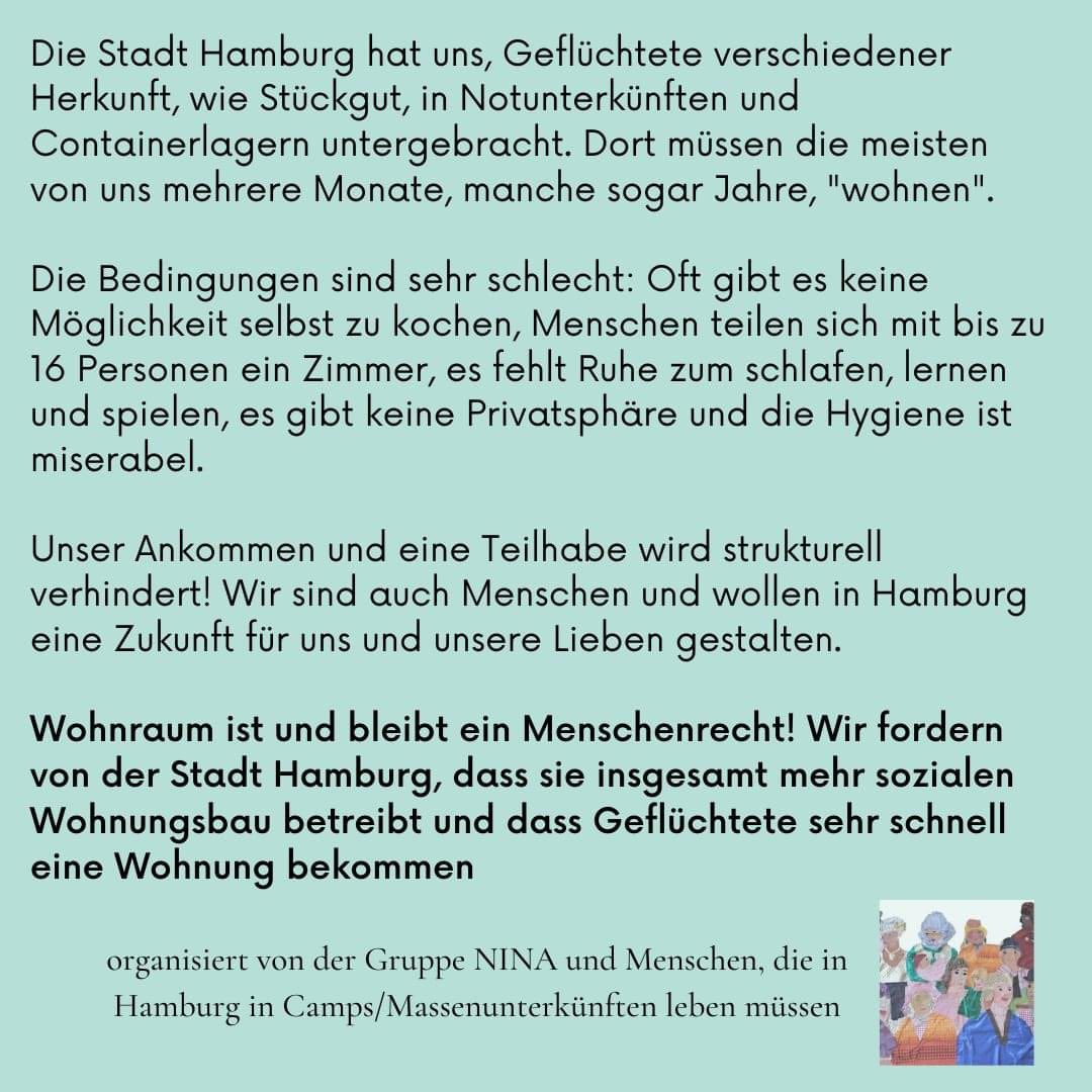 Wir unterstützen den Aufruf von NINA – womeN IN Action für die Abschaffung von Massenunterkünften für Geflüchtete und ein Recht auf Wohnraum. Kommt zur Demo am Mittwoch, 09.08. um 14 Uhr von der <a href="/fhh_bsw/">Behörde für Stadtentwicklung und Wohnen</a> (Neuenfelder Str. 19) zum Stübenplatz in #Hamburg-#Wilhelmsburg! #HH0908