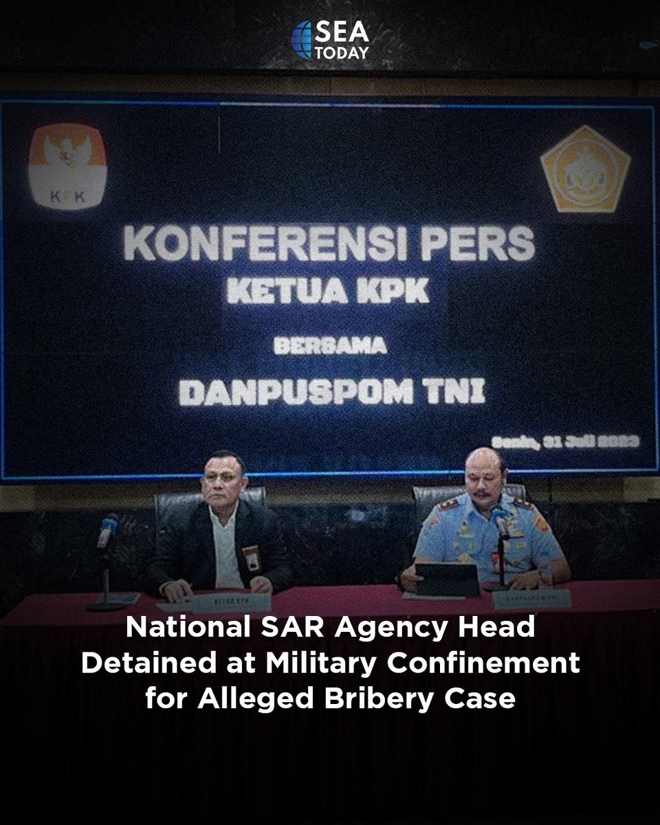 seatodaynews's tweet image. The Indonesian Military Police have named the National Search and Rescue Agency Head, Air Marshal Henri Alfiandi, and his Administrative Staff Coordinator, Lt. Col. Afri Budi Cahyanto, as suspects in a graft case at the agency. #SEAToday #Basarnas #Kabasarnas #suap #ditahan